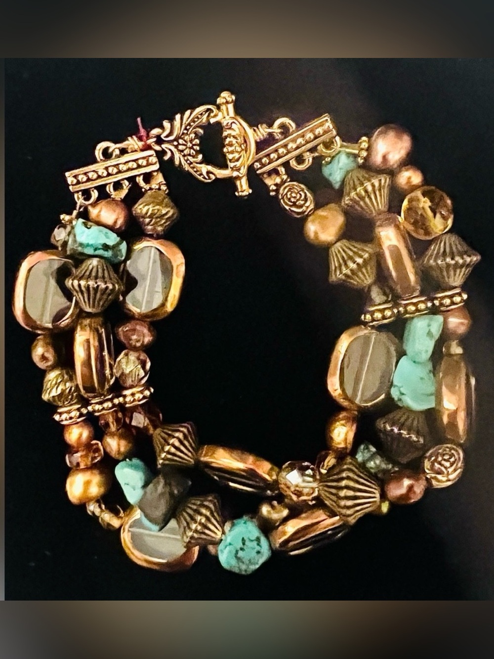 Anne Vaughan Designs Wisdom Within Turquoise Pearl 3 Strand Bracelet AV Signed